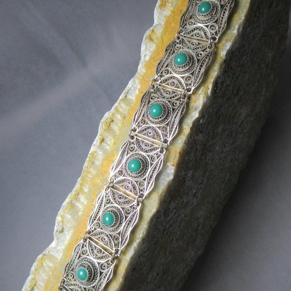 Green Turquoise Filigree Cuff Bracelet, Sterling & 800 Silver - Picture 3 of 5